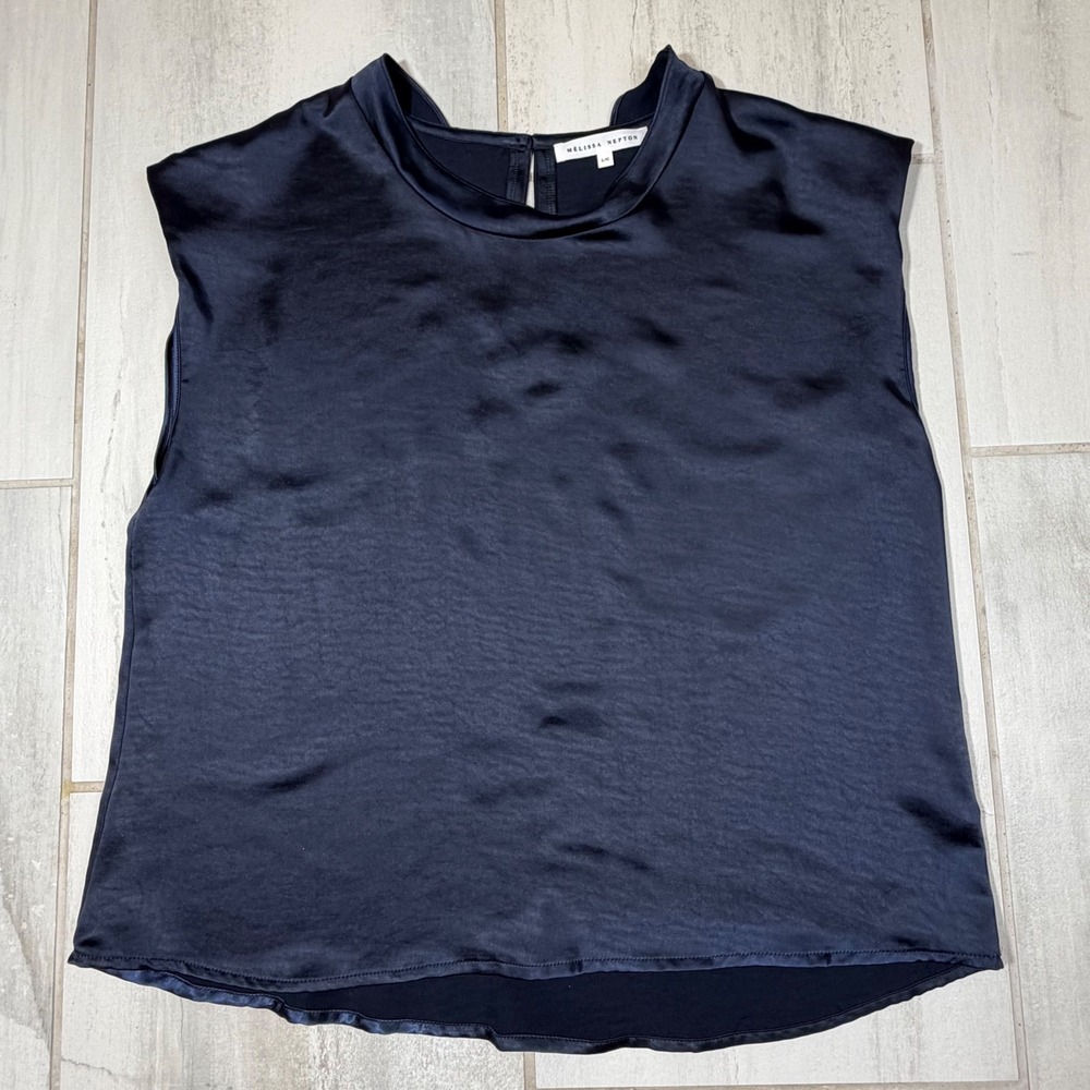 Melissa Nepton Navy Blue Satin Mock Neck Sleeveless Blouse W6791 Rose Sz‎ L